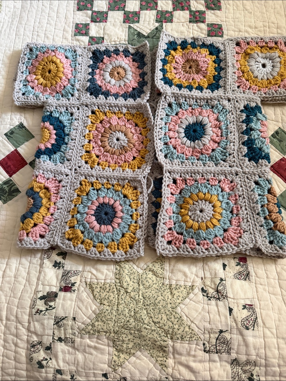 Handmade Crochet Granny Squares Sweater Gray, Pink, Blue, Mustard